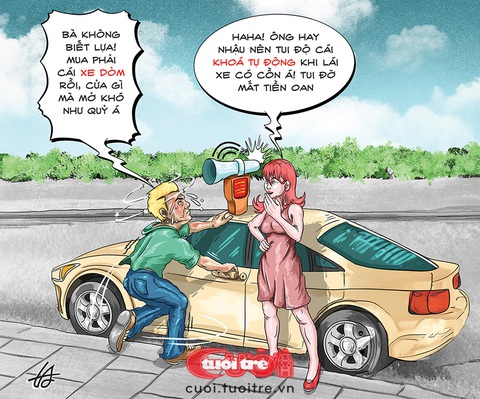 Vợ độ xe ô tô khiến anh chồng khóc thét- Ảnh 1. Vợ độ xe ô tô khiến anh chồng khóc thét - Tranh: Nguyễn Tuấn Anh