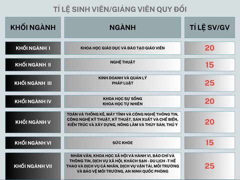 Tỉ lệ sinh viên/giảng viên các trường đại học chênh nhau hàng chục lần- Ảnh 2. Các khối ngành, lĩnh vực đào tạo và tỉ lệ sinh viên/giảng viên khi xác định chỉ tiêu - Đồ họa: MINH GIẢNG