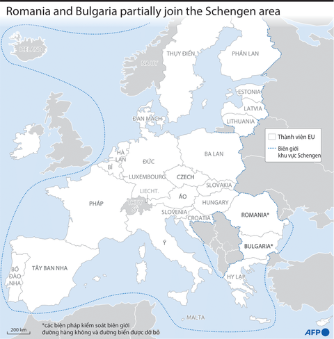 Khu vực Schengen sau sự gia nhập một phần của Romania và Bulgaria từ ngày 31-3-2024 - Nguồn: AFP - Việt hóa: NGHI VŨ Khu vực Schengen sau khi Romania và Bulgaria gia nhập một phần từ ngày 31-3-2024 - Nguồn: AFP - Việt hóa: NGHI VŨ