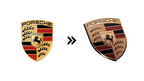 Hàng chục hãng xe đổi logo, đơn giản hóa về dạng 2D- Ảnh 29. Porsche (2023): Biểu tượng hình khiên của Porsche vừa được làm lại với giao diện phẳng, lưới tản nhiệt dạng mắt tổ ong tại các thanh ngang màu đỏ cùng hình sừng hươu được chuốt gọn - Ảnh: Motor1