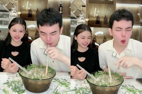 'Coi mà muốn nhợn' khi xem uống trà sữa hành lá- Ảnh 2. Như Chuu và Văn Hiện không thể tiếp tục uống tô trà sữa hành lá sau ngụm đầu tiên. (Ảnh chụp màn hình)
