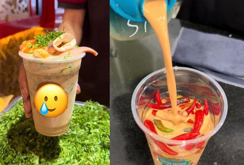 'Coi mà muốn nhợn' khi xem uống trà sữa hành lá- Ảnh 3. Ngoài trà sữa hành lá, nhiều hàng quán còn "chế" ra trà sữa ớt, trà sữa mì tôm hải sản, trà sữa cá chiên...