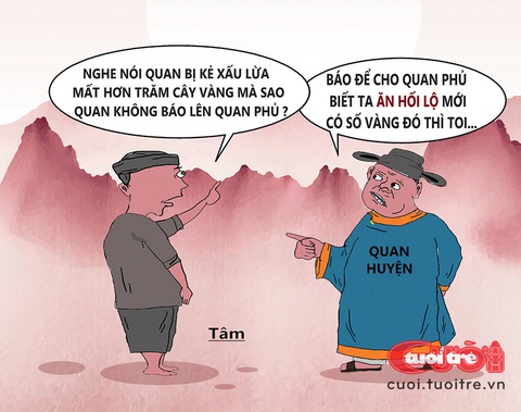 Quan huyện bị lừa vố đau nhưng vẫn 'tỉnh'- Ảnh 1. Quan huyện bị lừa vố đau nhưng vẫn "tỉnh" - Tranh: Bùi Thanh Tâm