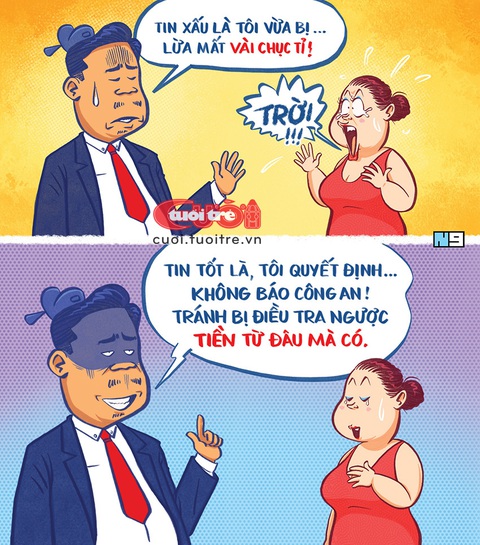 Quan tham bị lừa mấy chục tỉ: Vui buồn lẫn lộn- Ảnh 1. Quan tham bị lừa mấy chục tỉ: Vui buồn lẫn lộn - Tranh: Hải Nam