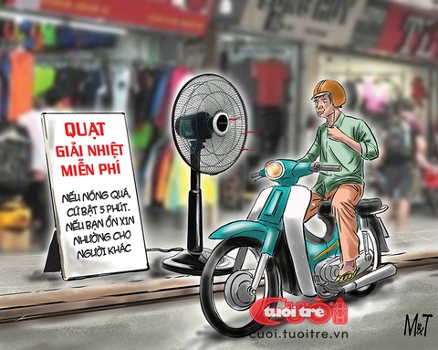 Chuyện lạ: Làm từ thiện bằng... không khí- Ảnh 1. Làm từ thiện bằng... không khí trong mùa nóng - Biếm họa của Đỗ Minh Tuấn