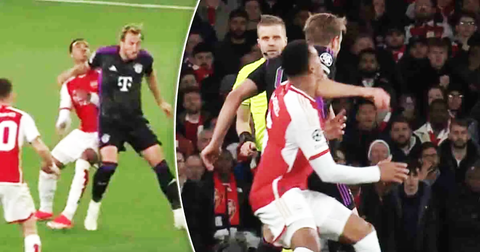 Cổ động viên Arsenal ‘khản cổ’ đòi thẻ đỏ Harry Kane- Ảnh 1. Trọng tài quan sát rất rõ tình huống Harry Kane thúc cùi chỏ Gabriel Magalhaes của Arsenal - Ảnh: Cắt clip
