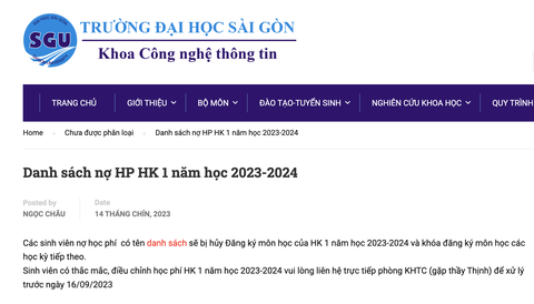 Trường đại học đăng danh sách sinh viên nợ học phí, có trường hợp chỉ nợ 10.000 đồng- Ảnh 2. Khoa công nghệ thông tin Trường đại học Sài Gòn công bố danh sách sinh viên nợ học phí trên website - Ảnh: chụp màn hình