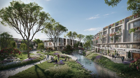Titan Luxury được 'chọn mặt gửi vàng', trở thành đối tác phân phối của Ecopark tại miền Nam- Ảnh 3. Nhà phố tại quảng trường All Blue, nơi được xem là trái tim của vùng đất Blue Zones Ecovillage Saigon River - Ảnh: E.C.P.
