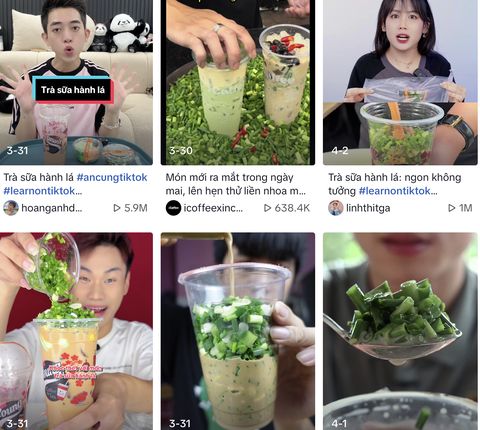 Giải mã hiện tượng 'rùng mình' trà sữa hành lá, cá chiên...- Ảnh 1. Những ngày qua khi lướt TikTok, người dùng dễ dàng bắt gặp những video về trà sữa với các topping kỳ quặc như hành lá, giò heo, cá chiên,... - Ảnh: Chụp màn hình
