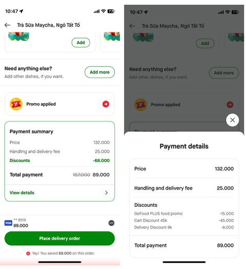 Tiết kiệm tới 1.295.000 đồng khi đặt món qua Gojek- Ảnh 2. Đơn hàng GoFood giảm giá đáng kể khi dùng gói Freeship GoFood Plus và cùng lúc áp dụng kết hợp nhiều chương trình ưu đãi.
