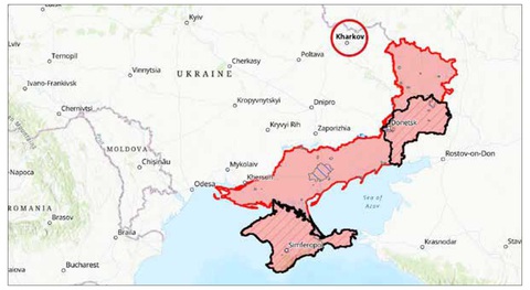 'Nga quay lại tấn công Kharkov': Đòn hỏa mù của Nga hay kế của Ukraine?- Ảnh 1. Thành phố Kharkov cạnh các khu vực do Nga kiểm soát dọc miền đông và nam Ukraine - Nguồn: ISW