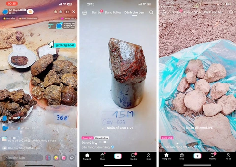 Hình ảnh các livestream “đổ thạch” săn tiền trên TikTok. Người chơi bỏ tiền vào để mong “đập” ra đá quý và được hoàn lại nhiều tiền Hình ảnh các livestream “đổ thạch” săn tiền trên TikTok. Người chơi bỏ tiền vào để mong “đập” ra đá quý và được hoàn lại nhiều tiền