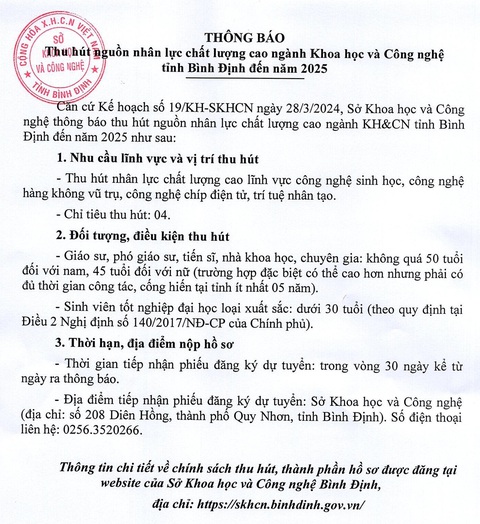 Bình Định thông báo thu hút nhân lực ngành Khoa học và Công nghệ chất lượng cao- Ảnh 1. Bình Định thông báo thu hút nhân lực ngành Khoa học và Công nghệ chất lượng cao- Ảnh 1.