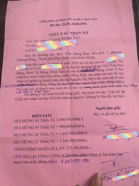 'Đại gia' Phú Quốc bể hụi trăm tỉ, công an vào cuộc- Ảnh 2. Giấy xác nhận nợ của bà P. với các hụi viên - Ảnh: D.N