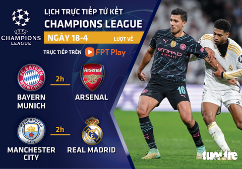 Lịch trực tiếp Champions League 18-4: Bayern đấu Arsenal, Man City gặp Real- Ảnh 1. Lịch trực tiếp Champions League 18-4 - Đồ họa: AN BÌNH