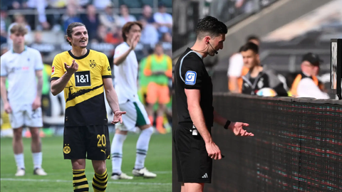Tình huống VAR ‘lật kèo’ phạt đền vô tiền khoáng hậu ở Bundesliga- Ảnh 1. Marcel Sabitzer (trái) khó hiểu với quyết định check VAR của trọng tài - Ảnh: Getty
