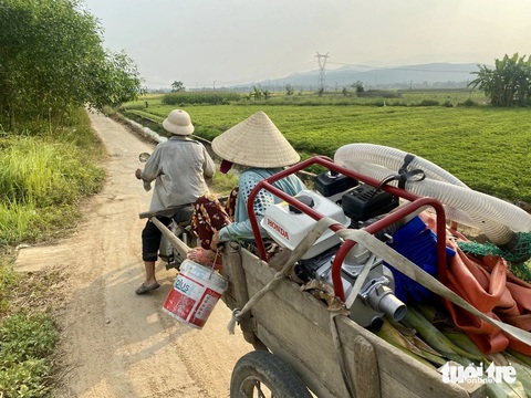Đà Nẵng bù hụt nước từ thượng nguồn Quảng Nam bằng nguồn sông suối tại chỗ- Ảnh 3. Nông dân Đà Nẵng chuẩn bị máy bơm để đối phó hạn mặn - Ảnh: TRƯỜNG TRUNG