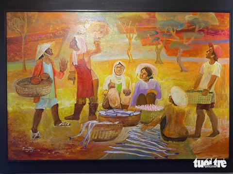 Triển lãm 'Nắng tháng tư' ở Đà Nẵng kéo dài một tháng- Ảnh 2. Tranh sơn dầu Chợ chờm hỡm của tác giả Nguyễn Trung Kỳ - Ảnh: TRƯỜNG TRUNG