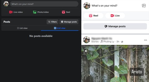 Facebook lỗi, nhiều tài khoản la làng vì mất hết post 'sống ảo'- Ảnh 1. Giao diện tài khoản Facebook trên PC đã không còn hiển thị bất kỳ bài đăng nào nữa (bên trái). Giao diện Facebook trên màn hình điện thoại vẫn bình thường. (Ảnh chụp màn hình)