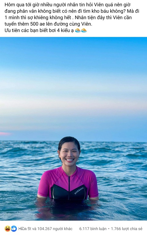 Kho báu nào ngoài khơi mà cộng đồng mạng rủ nhau lặn tìm?- Ảnh 3. Bài đăng nhận được hơn 104.000 lượt bày tỏ cảm xúc của kình ngư Ánh Viên trên trang cá nhân Facebook của mình - Ảnh chụp màn hình