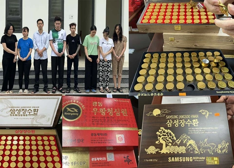 Tạm giam 8 bị can sản xuất, buôn bán thực phẩm chức năng giả quy mô lớn- Ảnh 2. Các bị can và tang vật vụ án - Ảnh: Công an tỉnh Thanh Hóa cung cấp
