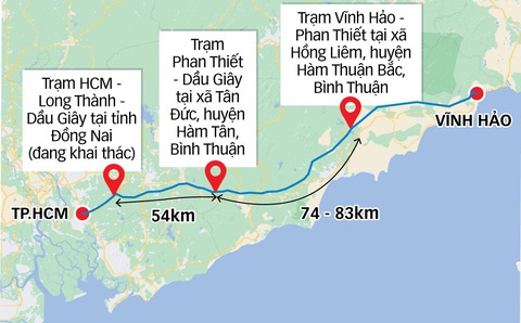 Các trạm dừng nghỉ tạm trên cao tốc mới sẽ đáp ứng những gì?- Ảnh 7. Khoảng cách các trạm dừng nghỉ tạm trên cao tốc từ Vĩnh Hảo đến Dầu Giây - Đồ họa: Tấn Đạt