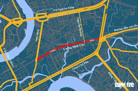 'Nút cổ chai' Lương Định Của: 9 năm chưa xong 2km- Ảnh 2. Đường Lương Định Của có vị trí quan trọng, kết nối nhiều trục giao thông lớn - Đồ họa: CHÂU TUẤN