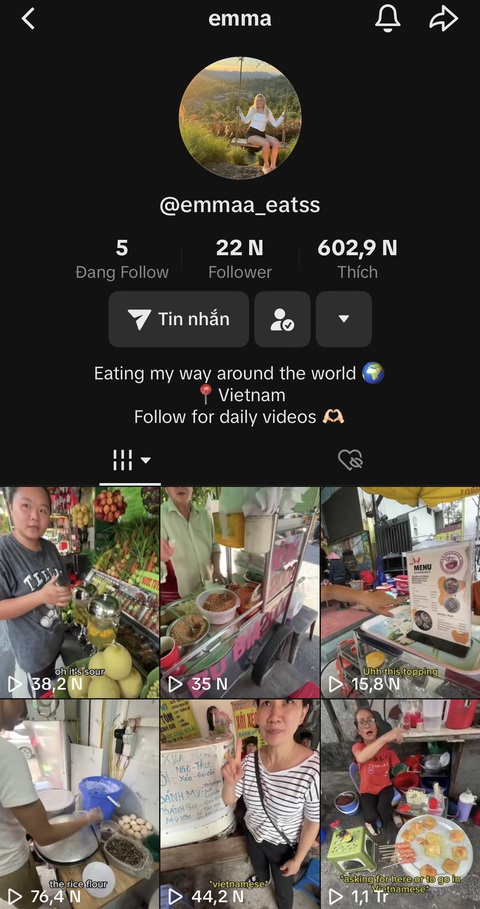 TikTok của Emma đã có hơn 22.000 lượt theo dõi, trong đó có 99%là người Việt - Ảnh chụp màn hình TikTok của Emma đã có hơn 22.000 lượt theo dõi, trong đó có 99% là người Việt - Ảnh chụp màn hình