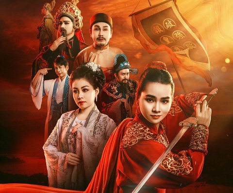 Poster tạo hình các nhân vật trong Lá cờ thêu sáu chữ vàng. Hàng đầu là diễn viên Lệ Trinh trong vai Trần Quốc Toản Poster tạo hình các nhân vật trong Lá cờ thêu sáu chữ vàng. Hàng đầu là diễn viên Lệ Trinh trong vai Trần Quốc Toản