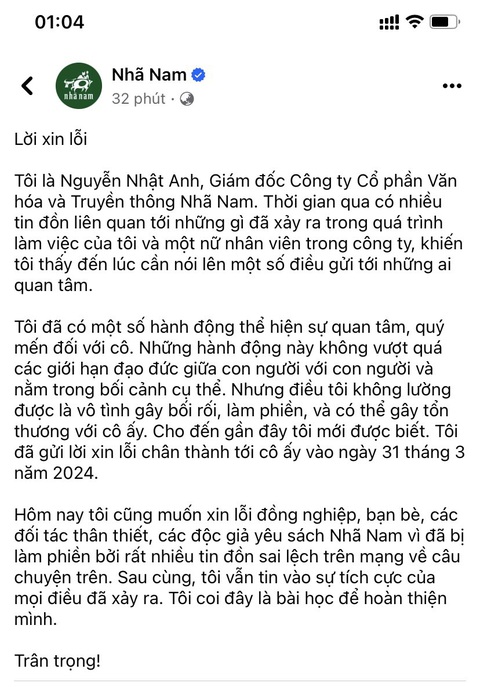 Lời xin lỗi của giám đốc Nhã Nam - Ảnh chụp màn hình Lời xin lỗi của giám đốc Nhã Nam - Ảnh chụp màn hình