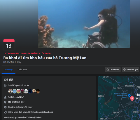 Trend đi tìm kho báu của bà Trương Mỹ Lan bắt nguồn từ đâu?- Ảnh 2. Sự kiện đi tìm kho báu của bà Trương Mỹ Lan còn được cư dân mạng lên lịch, với hơn 283.000 người quan tâm hoặc sẽ tham gia - Ảnh: Facebook