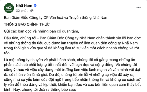 Nhã Nam xin lỗi, gỡ 'tâm thư' và tạm ngừng vị trí tổng giám đốc của ông Nhật Anh- Ảnh 1. Thông báo được Nhã Nam đưa ra lúc 19h30 tối 18-4