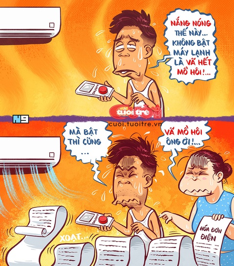 Mùa hè làm ta toát mồ hôi theo nhiều cách- Ảnh 1. Mùa hè làm ta toát mồ hôi theo nhiều cách - Tranh biếm họa của Hải Nam