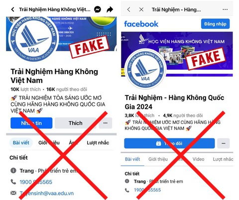 Nhiều trường cảnh báo: Khóa học trải nghiệm hàng không, bác sĩ nhí là lừa đảo- Ảnh 1. Nhiều trang mạo danh Học viện Hàng không Việt Nam trên mạng xã hội