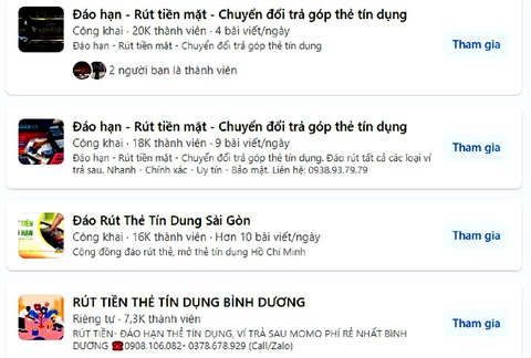 Người trẻ trước 'biển' thẻ tín dụng: Dịch vụ 'cứu nguy' chủ thẻ, càng cứu càng nguy- Ảnh 1. Không khó để tìm thấy các hội, nhóm cho vay đáo hạn, rút tiền mặt từ thẻ tín dụng tràn lan trên mạng hiện nay - Ảnh: C.T. chụp màn hình