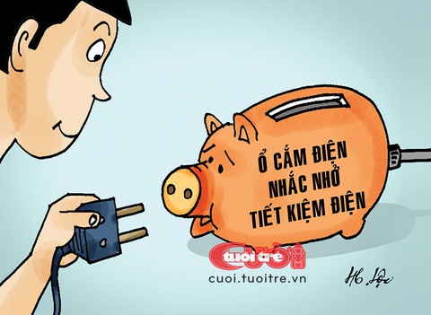Chỗ nào trong nhà bạn nóng nhất vào mùa hè?- Ảnh 2. Ổ cắm nhắc nhở tiết kiệm điện - Tranh biếm họa của Hữu Lộc