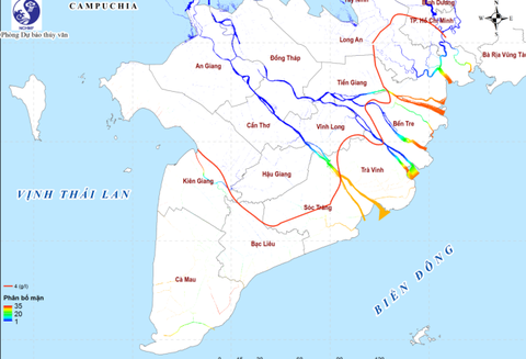 Miền Tây đón đợt xâm nhập mặn mới, có nơi vào sâu 120km- Ảnh 1. Bản đồ dự báo phân bố độ mặn cao nhất từ ngày 21 đến 30-4 - Ảnh: NCHMF