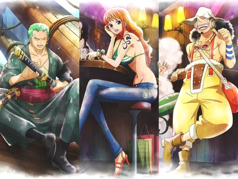 Các thành viên của băng hải tặc Mũ Rơm (từ trái qua): Rozo, Nami, Usopp Các thành viên của băng hải tặc Mũ Rơm (từ trái qua): Rozo, Nami, Usopp