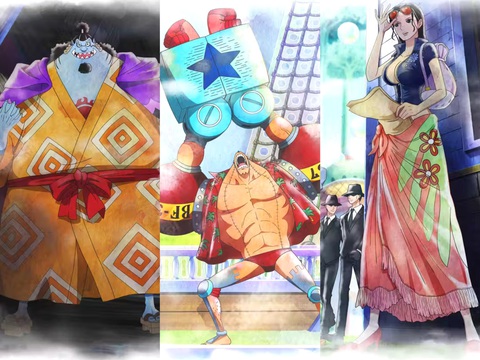 Các thành viên của băng hải tặc Mũ Rơm (từ trái qua): Jinbe, Franky, Sanji Các thành viên của băng hải tặc Mũ Rơm (từ trái qua): Jinbe, Franky, Robin