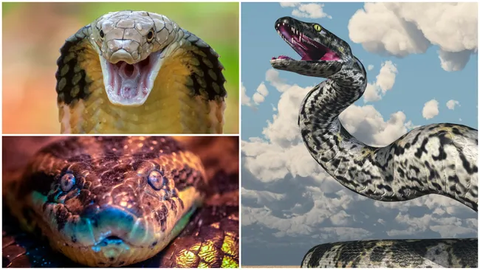 From top right anticlockwise: A king cobra, an artist impression of a Titanoboa and an anaconda. The Titanoboa was the largest known snake to ever live. (Image credit: Dikky Oesin/MR1805/4uves/Getty Images) Một số loài rắn lớn nhất thế giới: hổ mang chúa, Titanoboa và trăn Anaconda - Ảnh: Dikky Oesin/MR1805/4uves/Getty Images