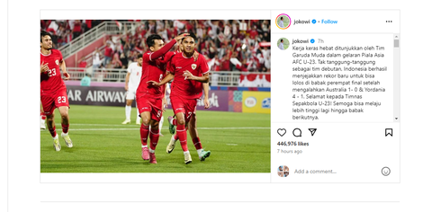 Tổng thống Widodo ca ngợi chiến tích lịch sử của đội U23 Indonesia- Ảnh 2. Tổng thống Indonesia Joko Widodo đánh giá cao sự thành công của U23 Indonesia - Ảnh chụp màn hình