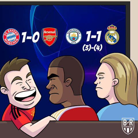 Tuần lễ hả hê của cổ động viên Man Utd- Ảnh 1. Còn gì khoái hơn khi cổ động viên Man Utd ngồi nhà xem Arsenal và Man City bị đá văng khỏi Champions League - Nguồn: B/R Football