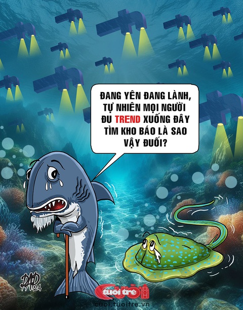 Họ hàng nhà cá mập bất an vì... kho báu- Ảnh 1. Cá mập bất an với trend đi tìm kho báu - Tranh: DAD