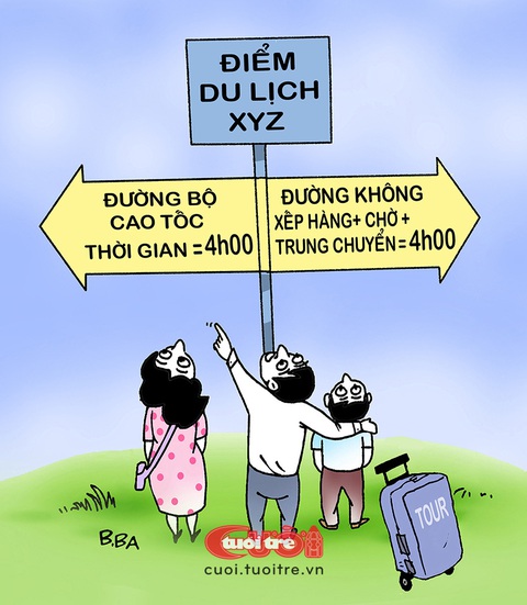Giá vé máy bay ở 'trên trời', đi du lịch đường bộ được không?- Ảnh 2. Thời gian di chuyển bằng máy bay chưa chắc đã hơn đường bộ nhé! - Tranh: B.Ba