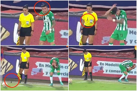 Phẫn nộ hành vi 'phóng dao' trúng đầu cầu thủ Uruguay đang đá phạt góc- Ảnh 1. Khoảnh khắc cầu thủ Ceppelini ôm đầu đau đớn khi bị dao ném - Ảnh: Captura Win Sports