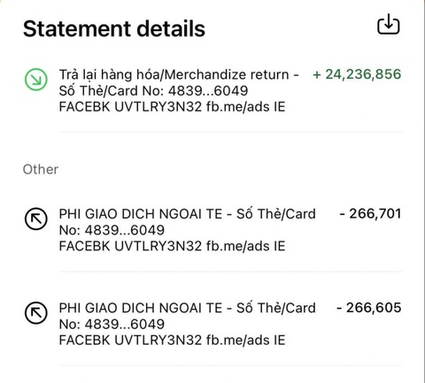 Giật mình vì đang ngủ thì có giao dịch ngoại tệ từ thẻ tín dụng- Ảnh 2. Sau nhiều lần liên tục phản hồi, truy soát, chủ thẻ tín dụng đã được hoàn hơn 24 triệu đồng từ khoản trừ 55.000 PHP. Tuy nhiên chủ thẻ vẫn phải chịu khoản phí chuyển đổi ngoại tệ - Ảnh từ bài đăng