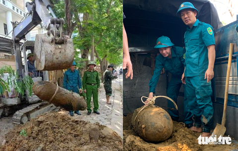 Quả bom hơn 200kg chưa nổ giữa trung tâm TP Vinh- Ảnh 1. Quả bom được tìm thấy trong khu vực trung tâm TP Vinh - Ảnh: HỒ DŨNG