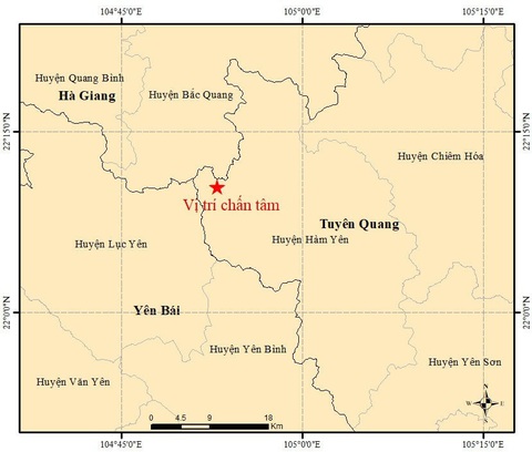 Động đất mạnh 4 độ ở Tuyên Quang- Ảnh 1. Bản đồ tâm chấn trận động đất - Ảnh: Viện vật lý địa cầu