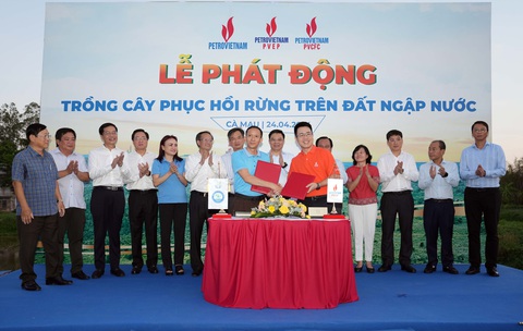 PVN phát động trồng cây phục hồi rừng trên đất ngập nước- Ảnh 2. Các đơn vị dầu khí ký thỏa thuận với Viện Khoa học lâm nghiệp Nam bộ, Sở NN&PTNT tỉnh Cà Mau trồng mới 40 ha rừng và 250.000 cây xanh trên địa bàn tỉnh.