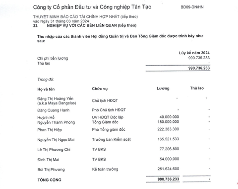 Bà Đặng Thị Hoàng Yến không nhận đồng lương nào từ Tân Tạo?- Ảnh 4. Bảng thu nhập của thành viên hội đồng quản trị và ban giám đốc Tân Tạo trong quý 1-2024